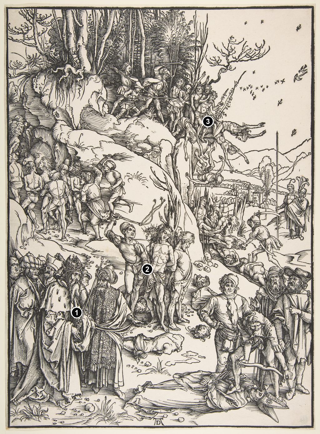 Annotated details from The Martyrdom of the Ten Thousand woodcut by Albrecht Dürer